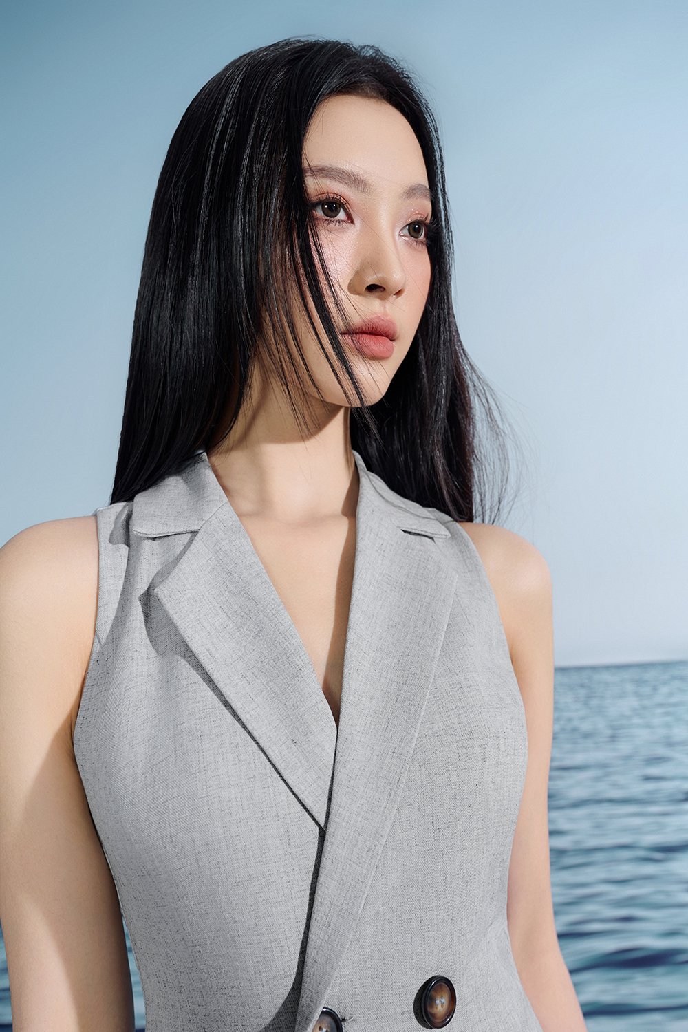 Solene Asymmetrical Tailored Jumpsuit In Light Grey/White