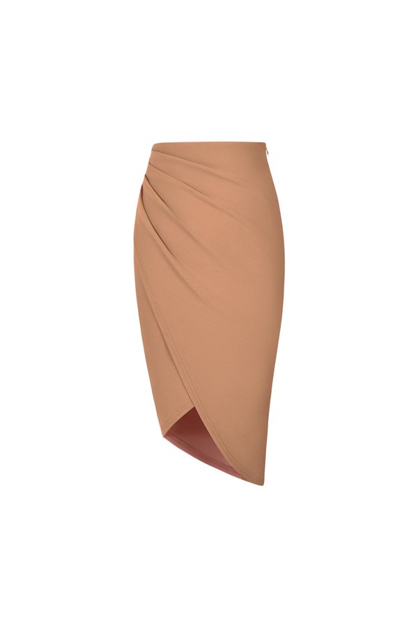 Arianna Side Ruches Wrap Pencil Skirt in Latte