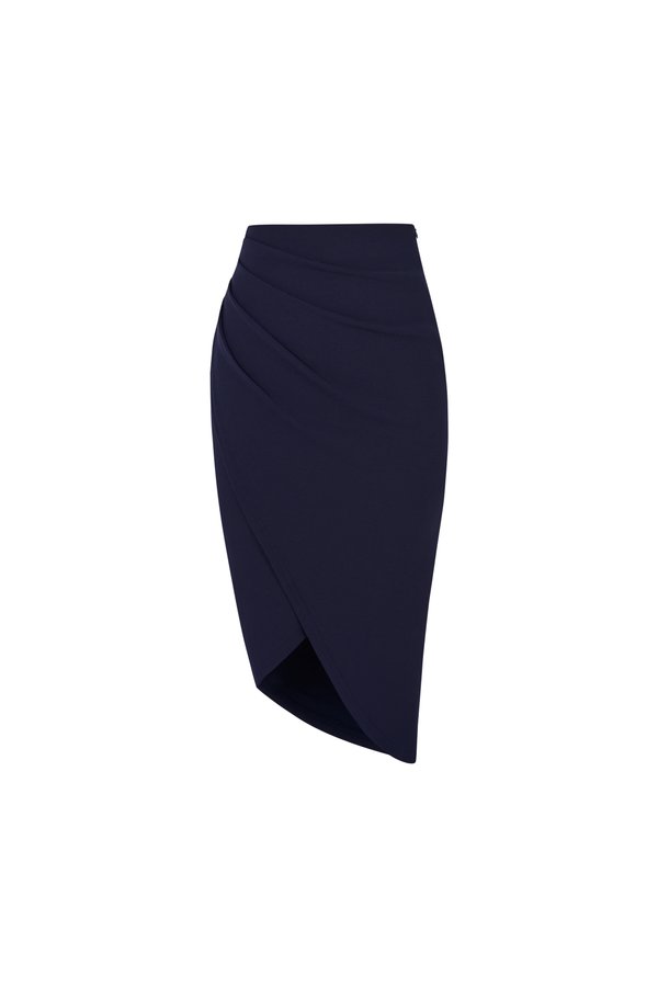 Arianna Side Ruches Wrap Pencil Skirt in Midnight Blue