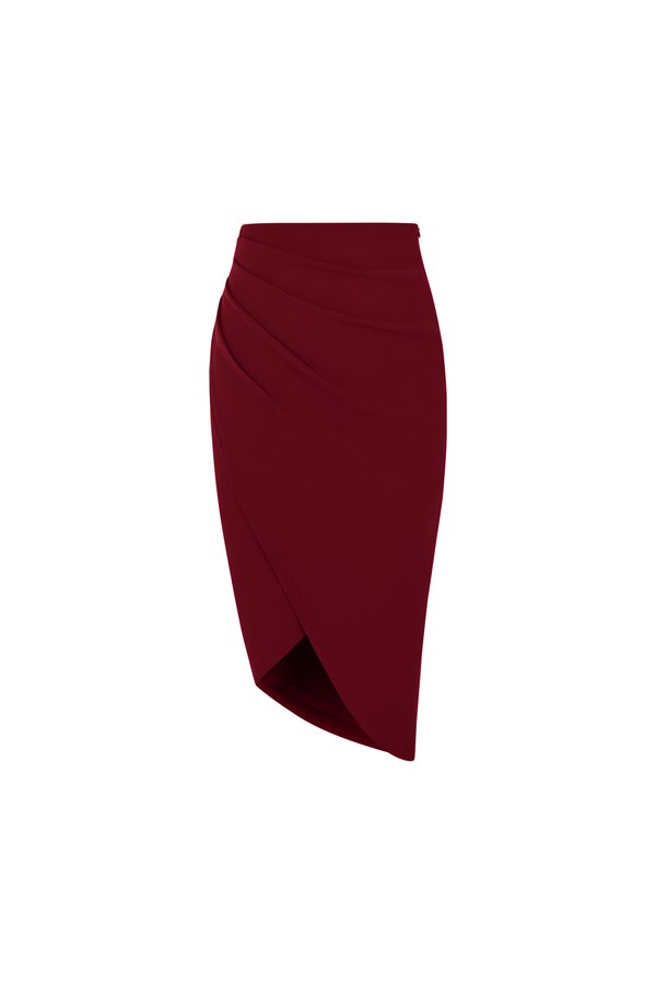 Arianna Side Ruches Wrap Pencil Skirt in Wine Red
