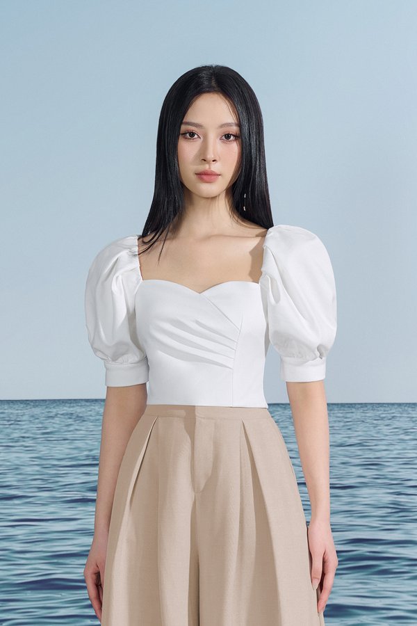 Hana Puff Sleeves Sweetheart Cropped Top In Iconic White