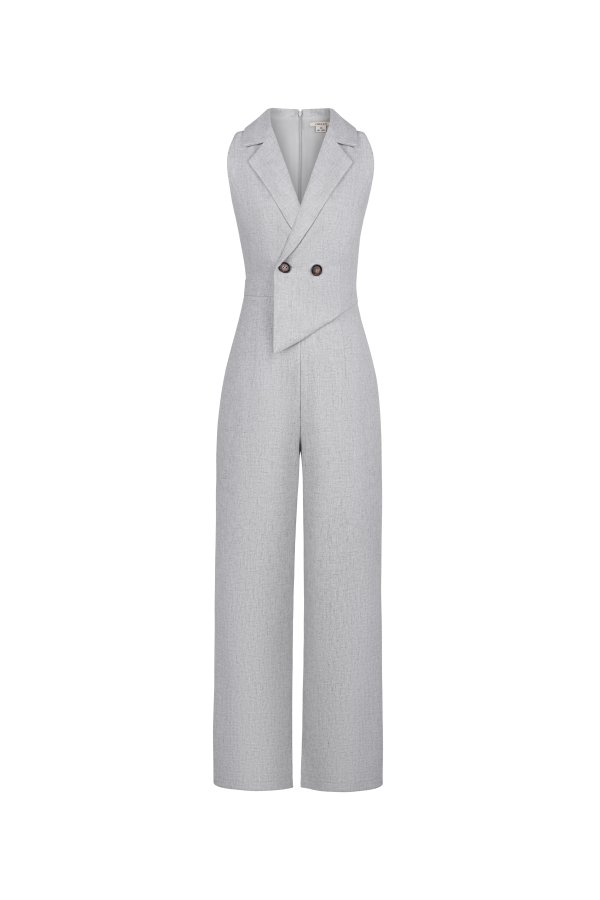Solene Asymmetrical Tailored Jumpsuit In Light Grey/White