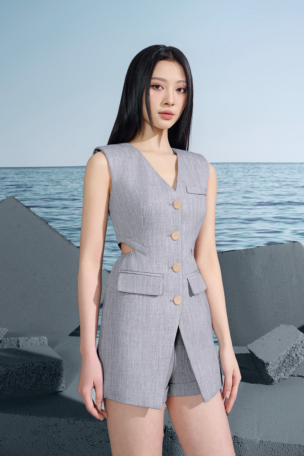 【Miripon.】 Frill tailored vest / gray Harper Tailored Vest Top In French Grey | Chello