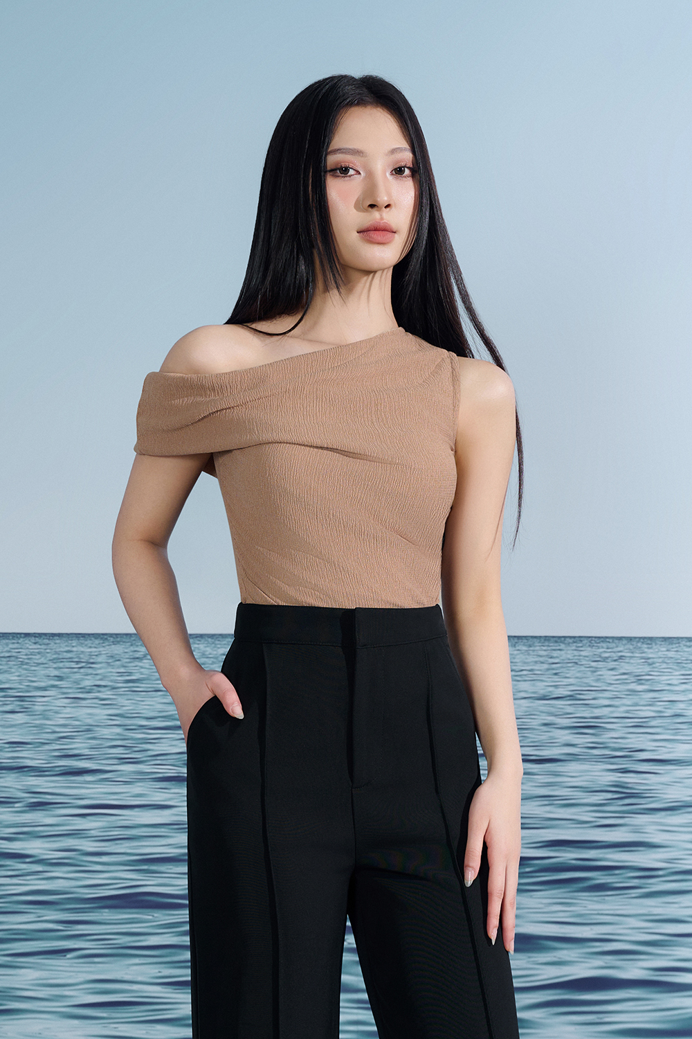 Karleen Off the Shoulder Draped Asymmetrical Top In Nude Beige