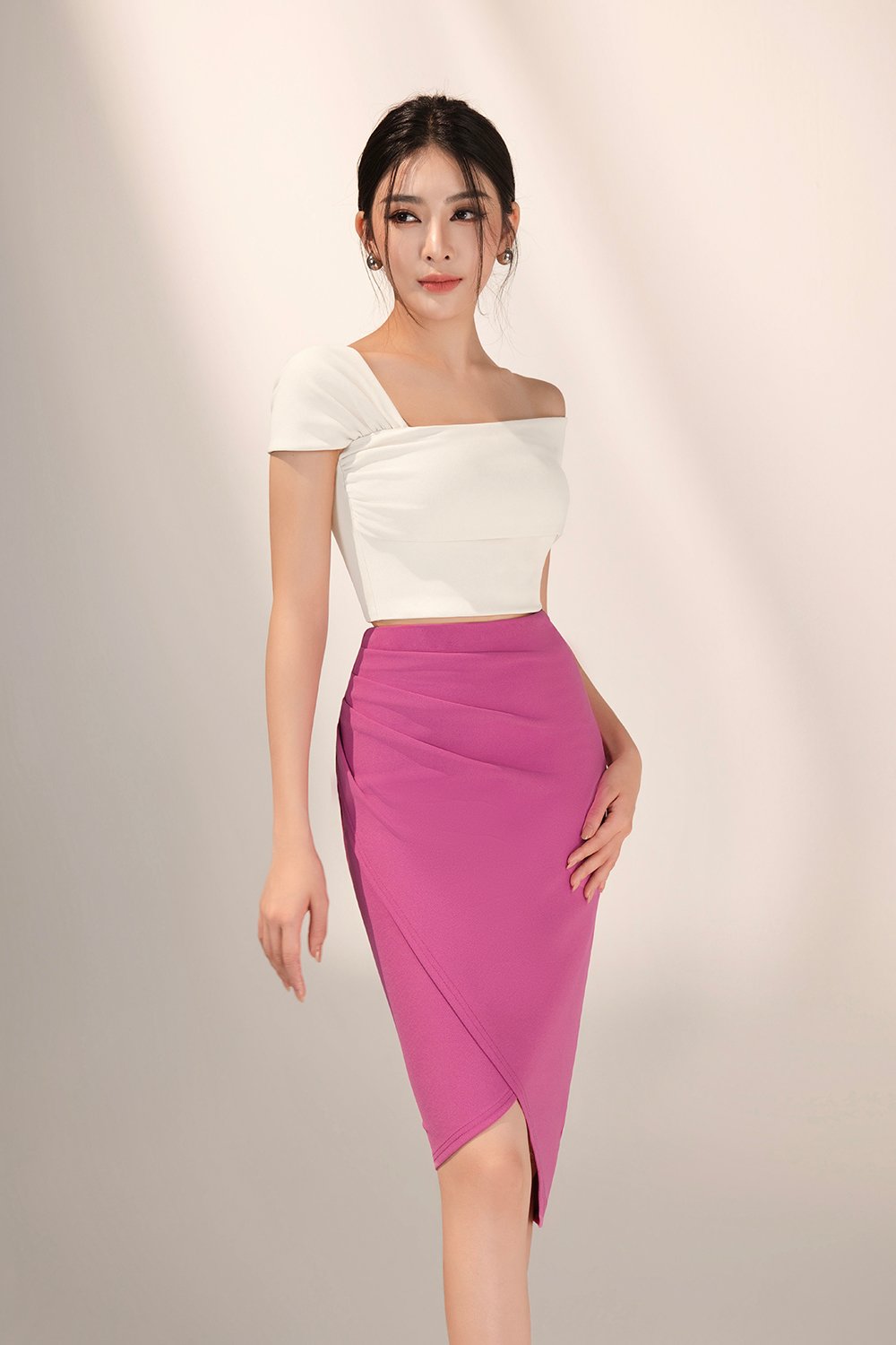 Arianna Side Ruches Wrap Pencil Skirt in Hot Pink