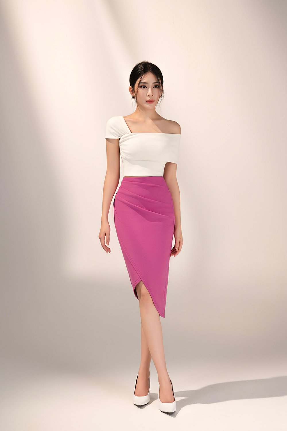 Arianna Side Ruches Wrap Pencil Skirt in Hot Pink
