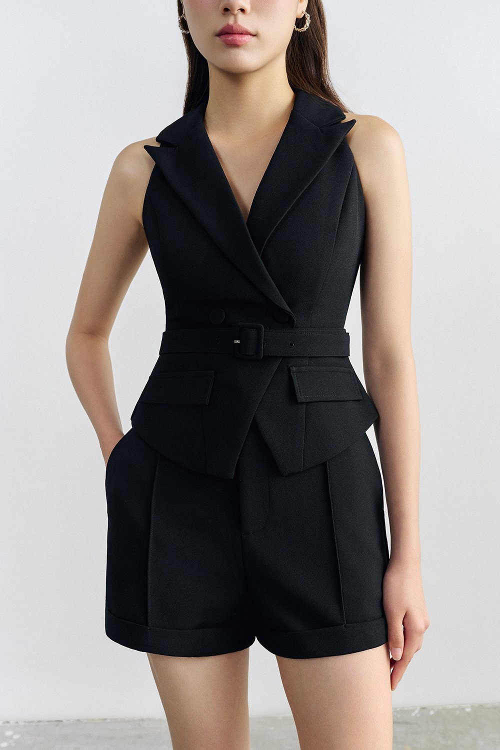 Edith Belted Tailored Vest Top In Classic Black