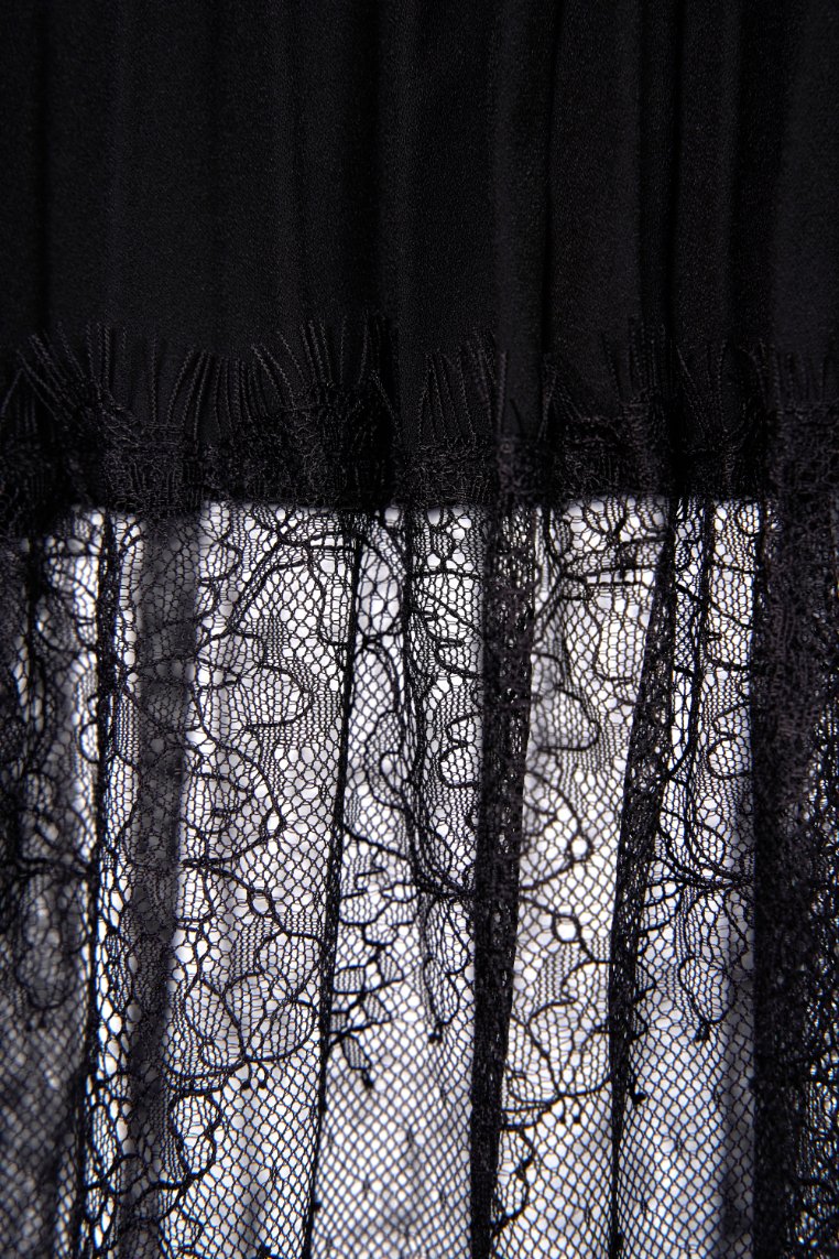 Elora Pleated Lace Panel Midi Skirt In Classic Black