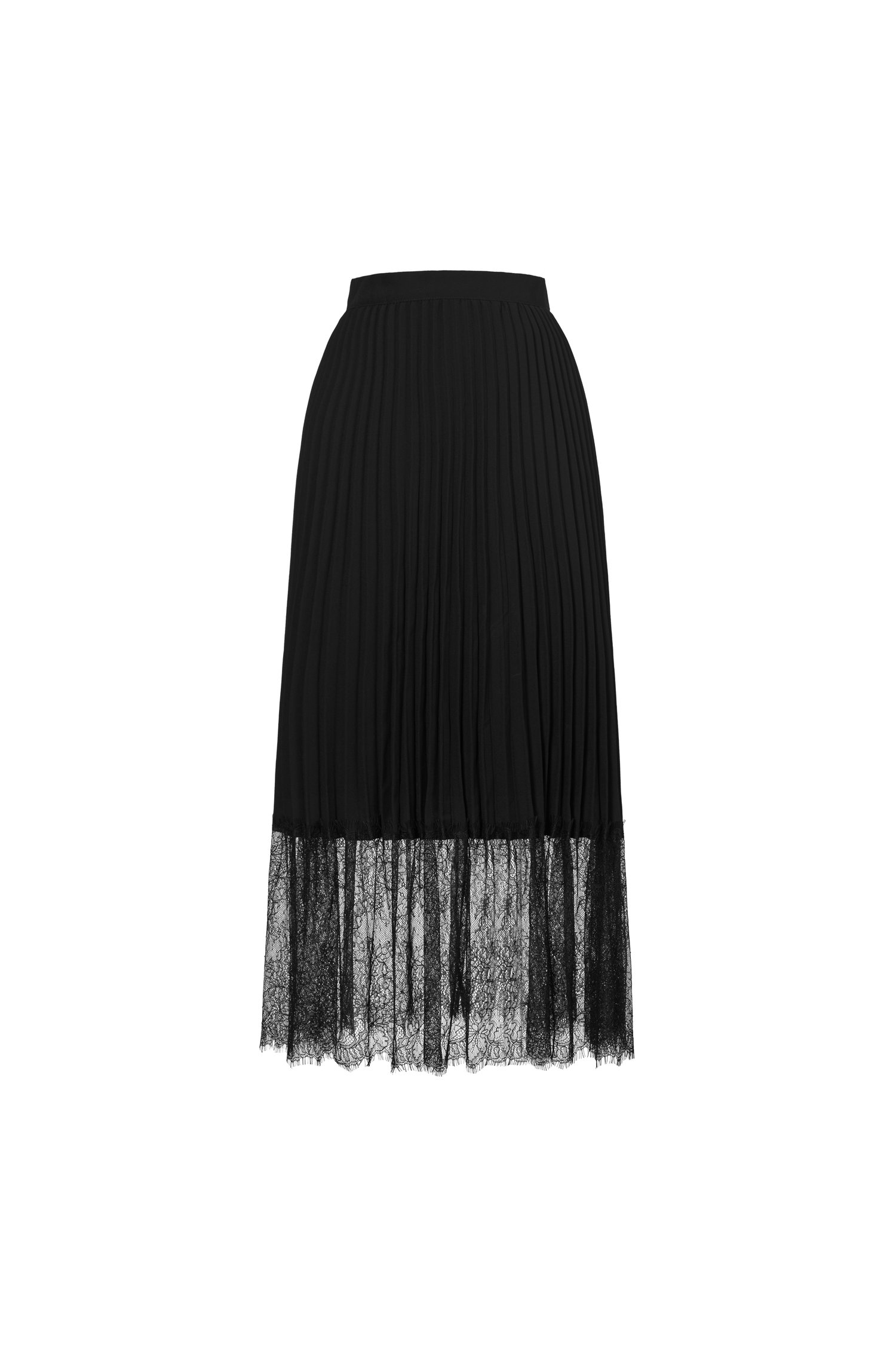 Elora Pleated Lace Panel Midi Skirt In Classic Black