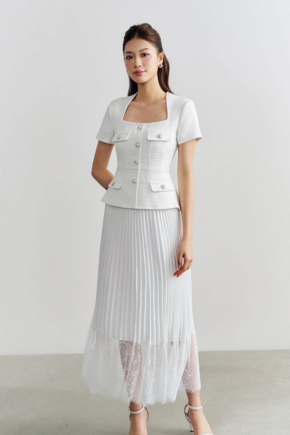 Elora Pleated Lace Panel Midi Skirt In Iconic White