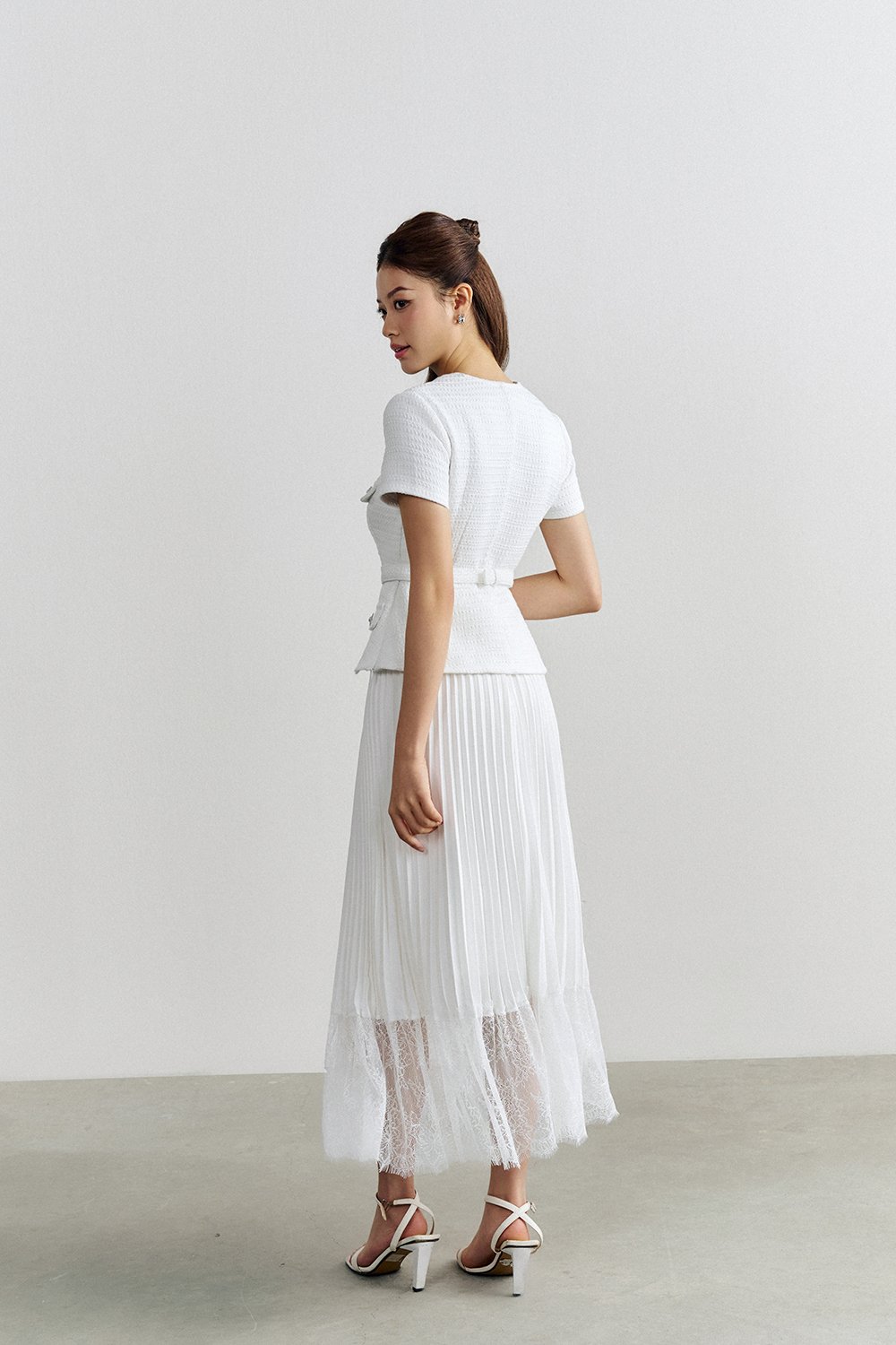 Elora Pleated Lace Panel Midi Skirt In Iconic White