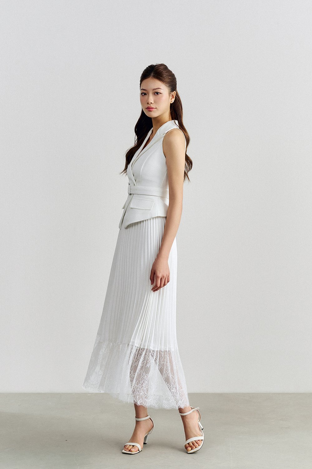 Elora Pleated Lace Panel Midi Skirt In Iconic White