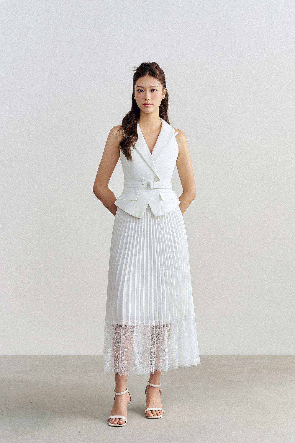 Elora Pleated Lace Panel Midi Skirt In Iconic White