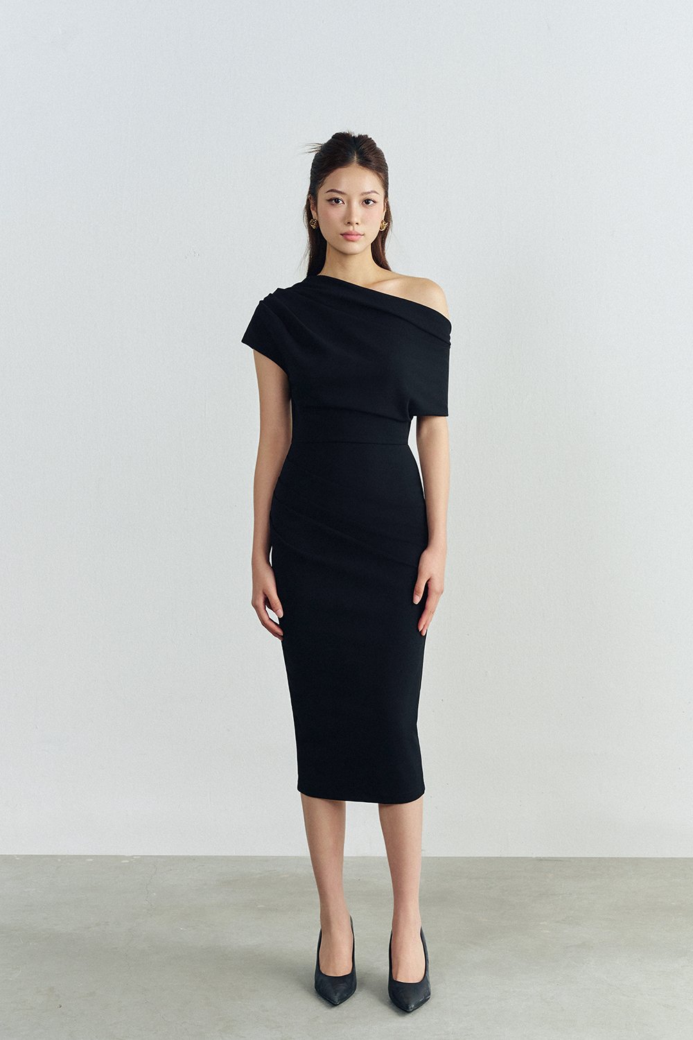Galene Asymmetrical Draped Midi Dress in Classic Black