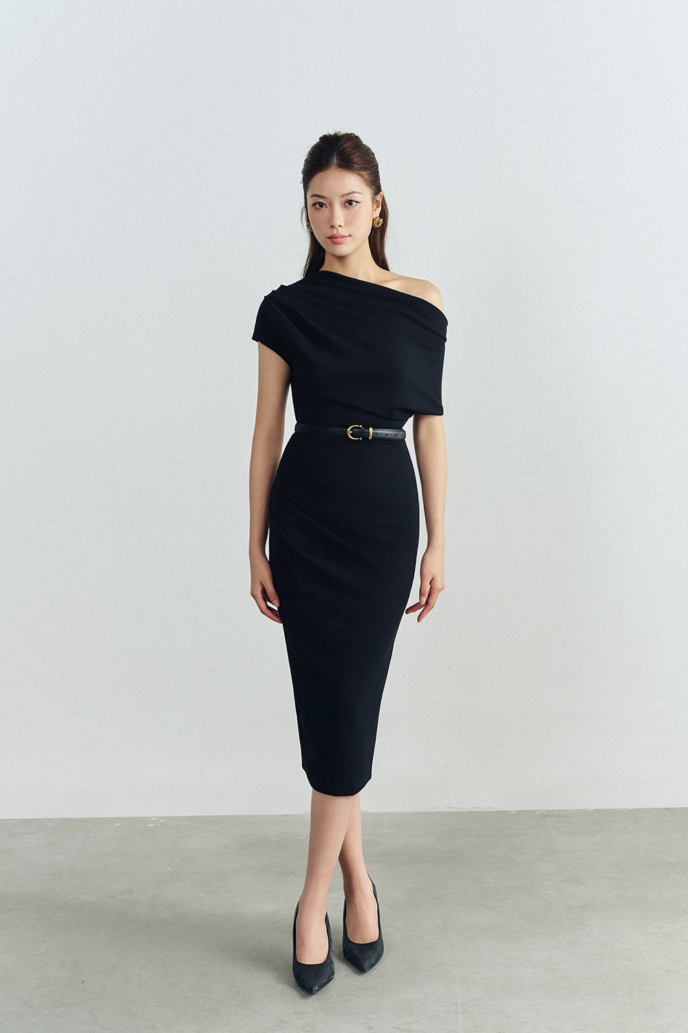 Galene Asymmetrical Draped Midi Dress in Classic Black