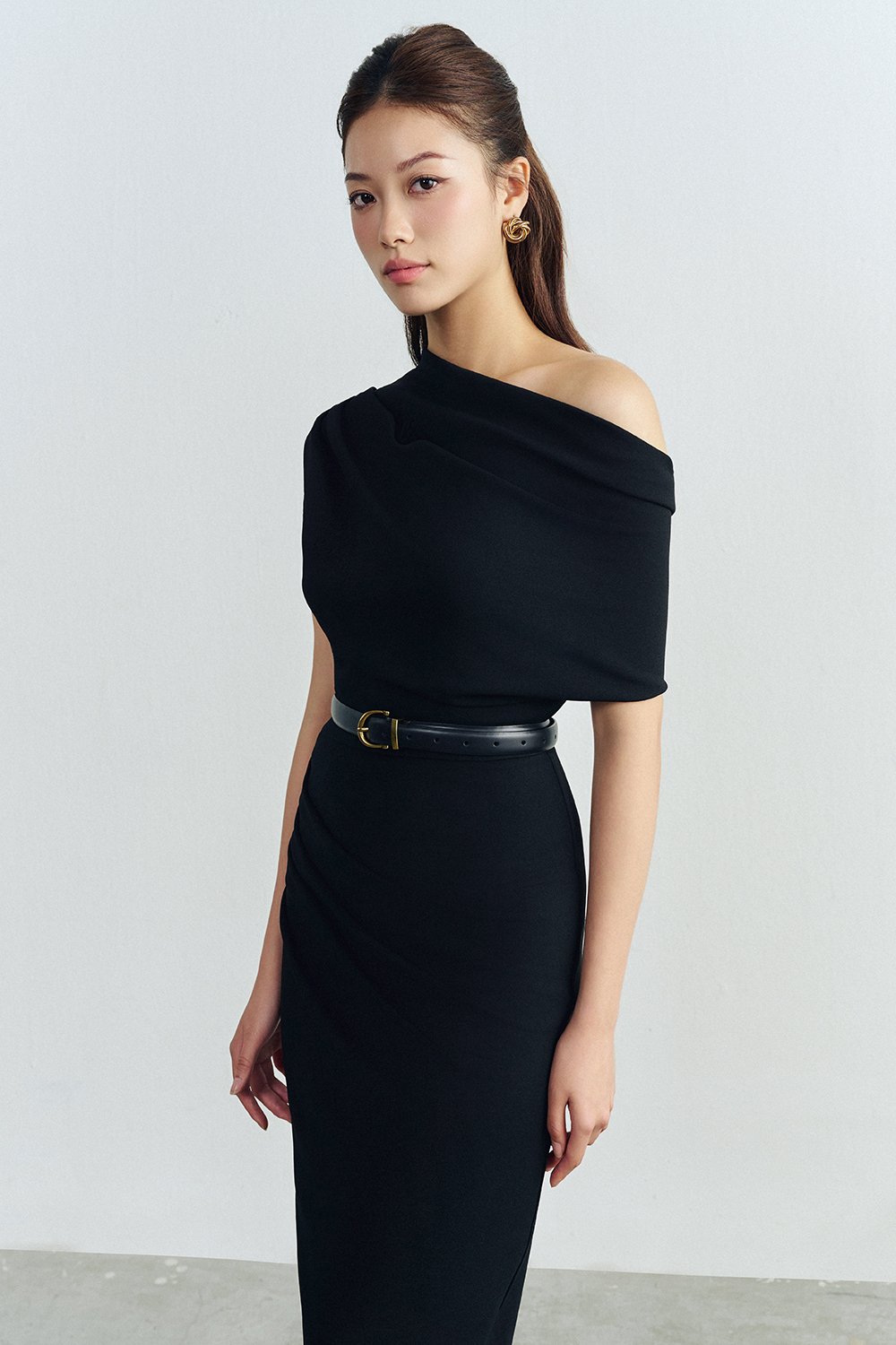 Galene Asymmetrical Draped Midi Dress in Classic Black
