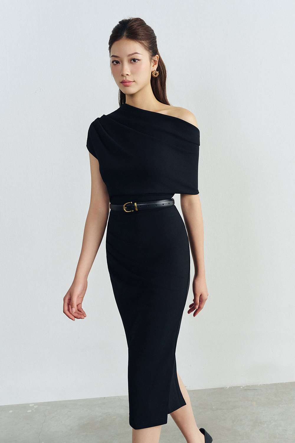 Galene Asymmetrical Draped Midi Dress in Classic Black