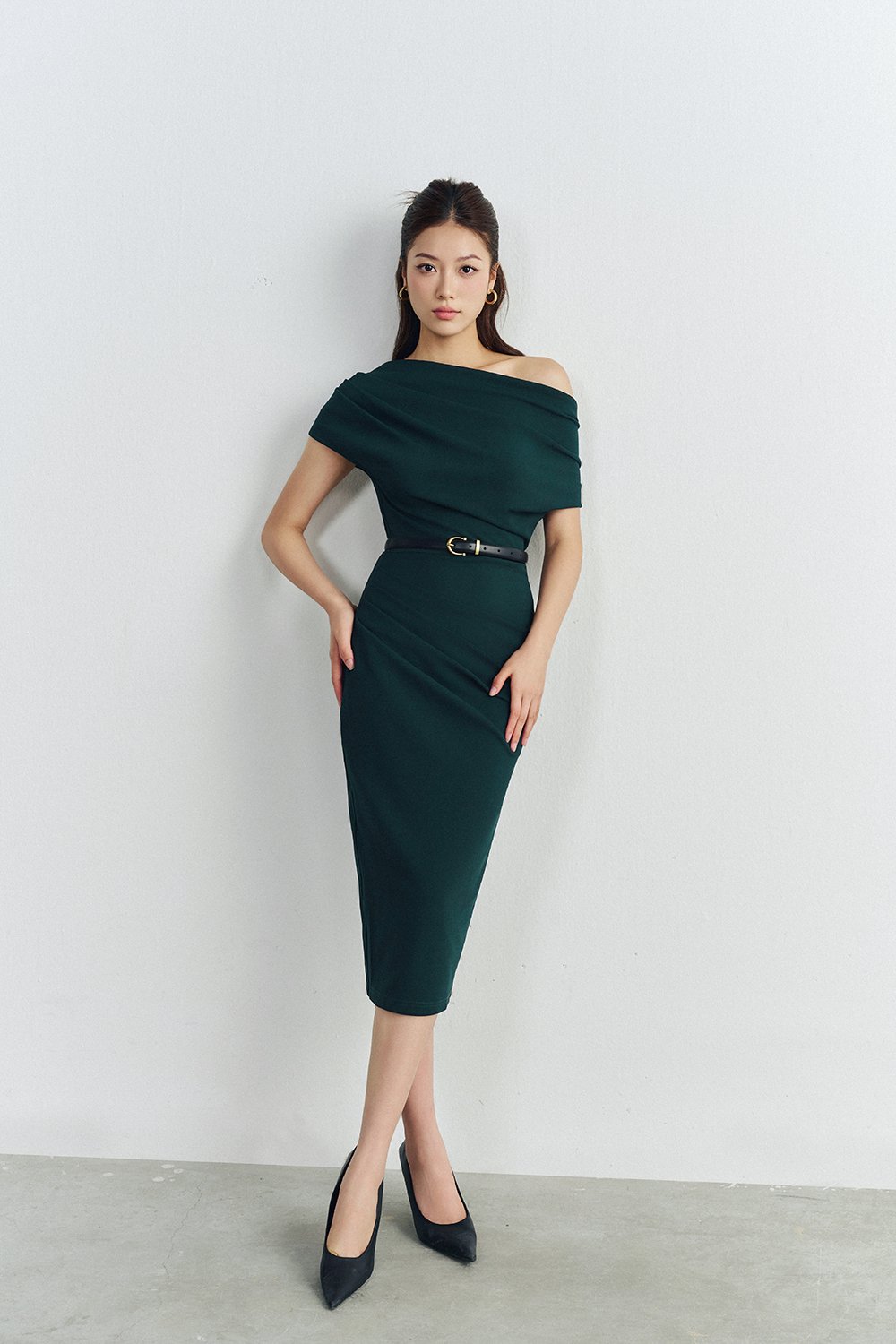 Galene Asymmetrical Draped Midi Dress in Forest Green