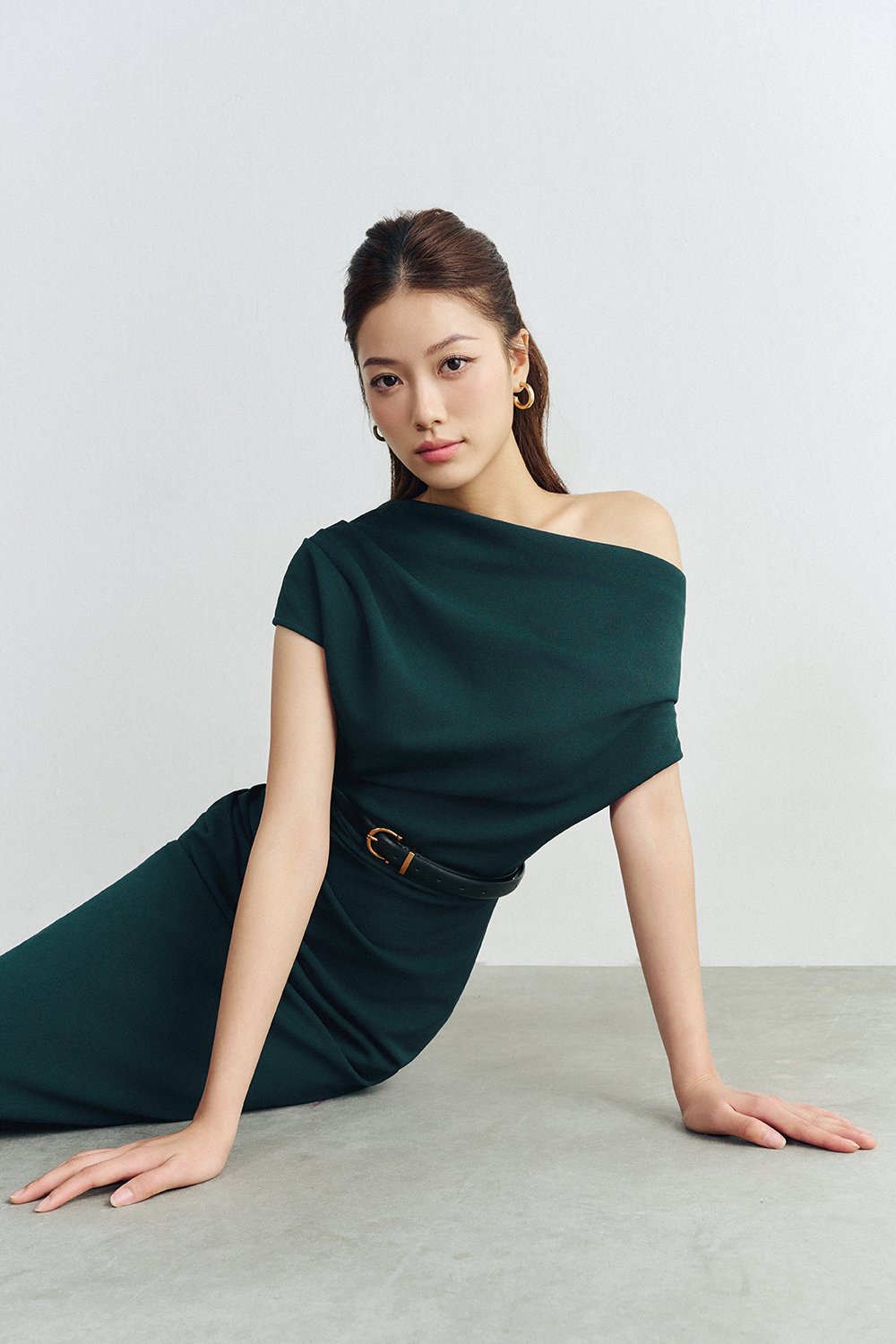 Galene Asymmetrical Draped Midi Dress in Forest Green