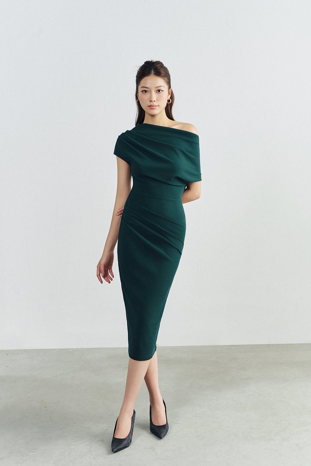Galene Asymmetrical Draped Midi Dress in Forest Green