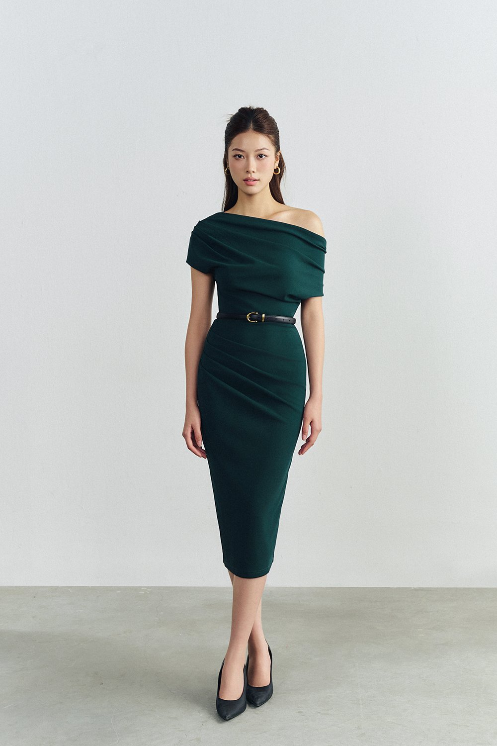 Galene Asymmetrical Draped Midi Dress in Forest Green