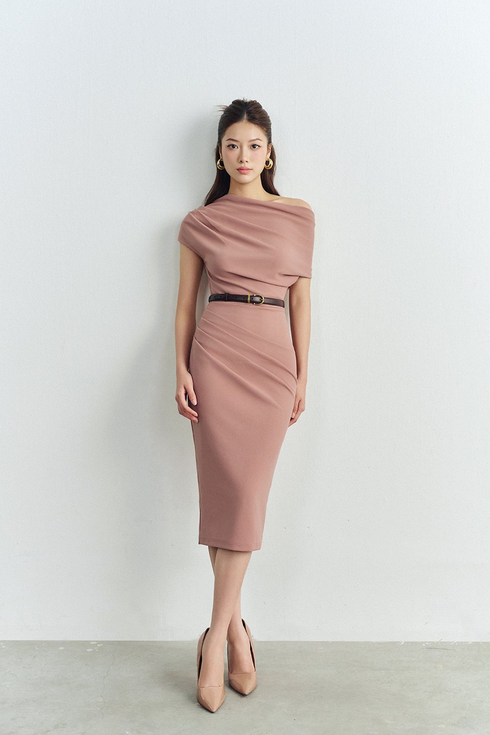 Galene Asymmetrical Draped Midi Dress in Nude Pink