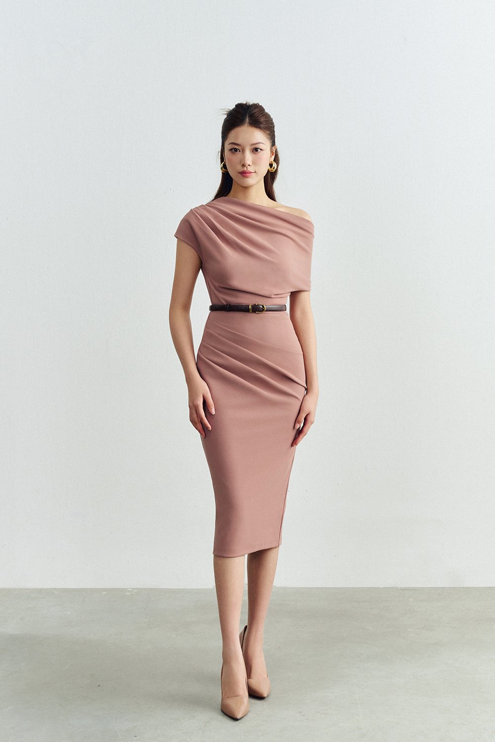 Galene Asymmetrical Draped Midi Dress in Nude Pink