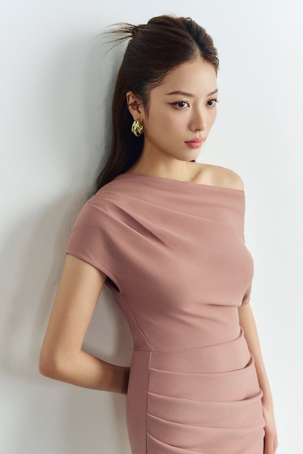 Galene Asymmetrical Draped Midi Dress in Nude Pink