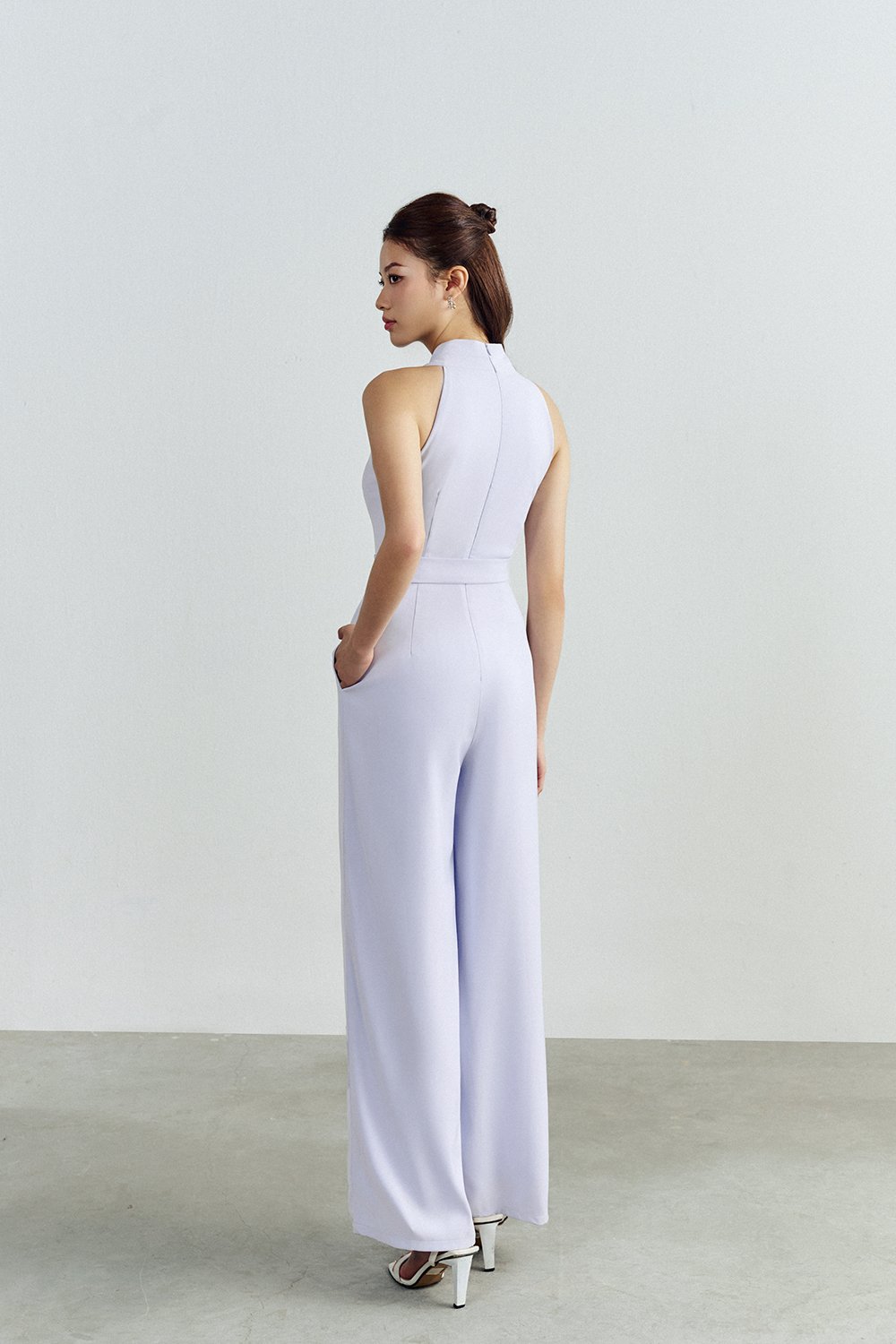 Juni Pleated V-Neck Jumpsuit with Sash Belt in Lavender