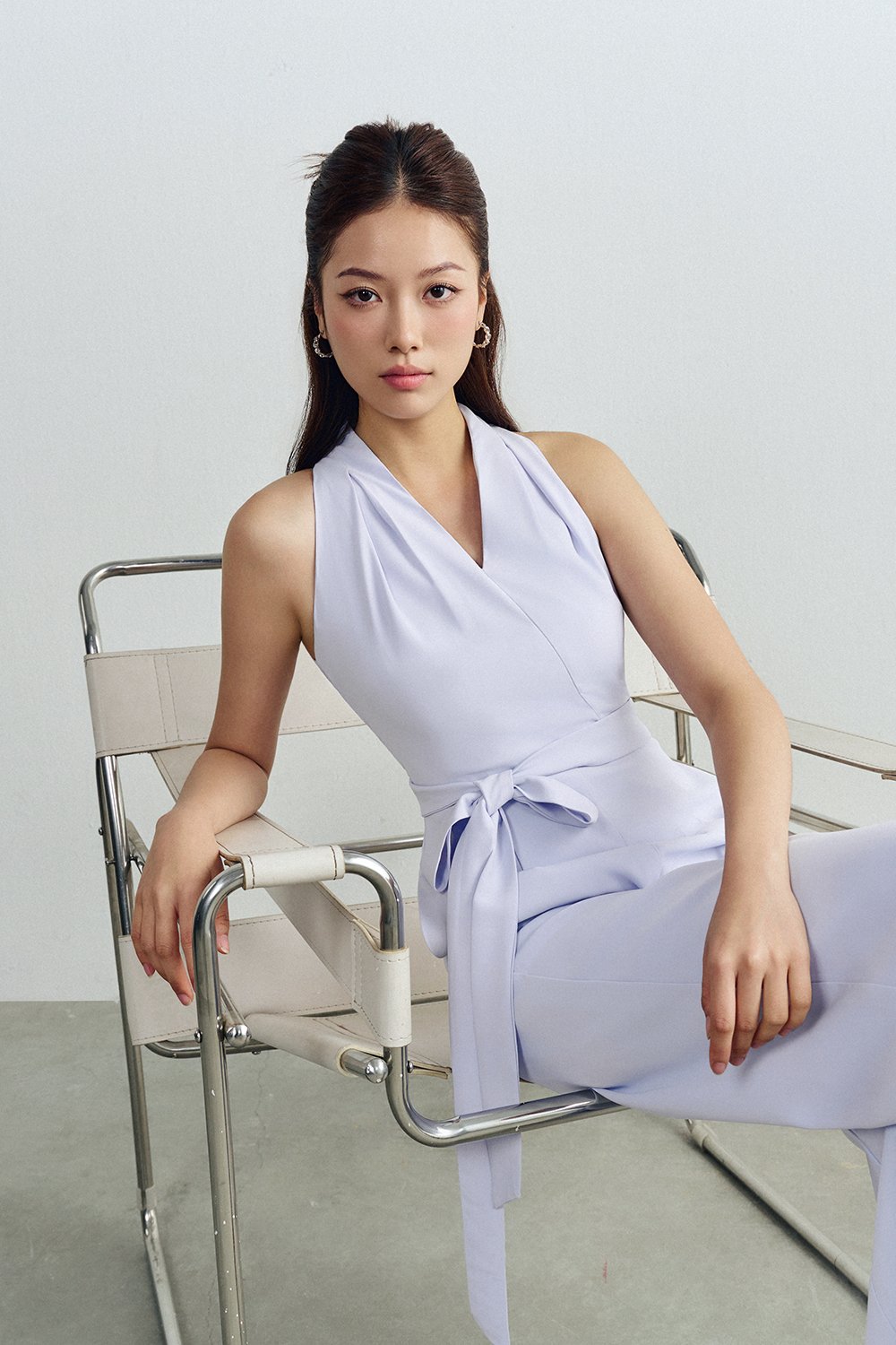 Juni Pleated V-Neck Jumpsuit with Sash Belt in Lavender