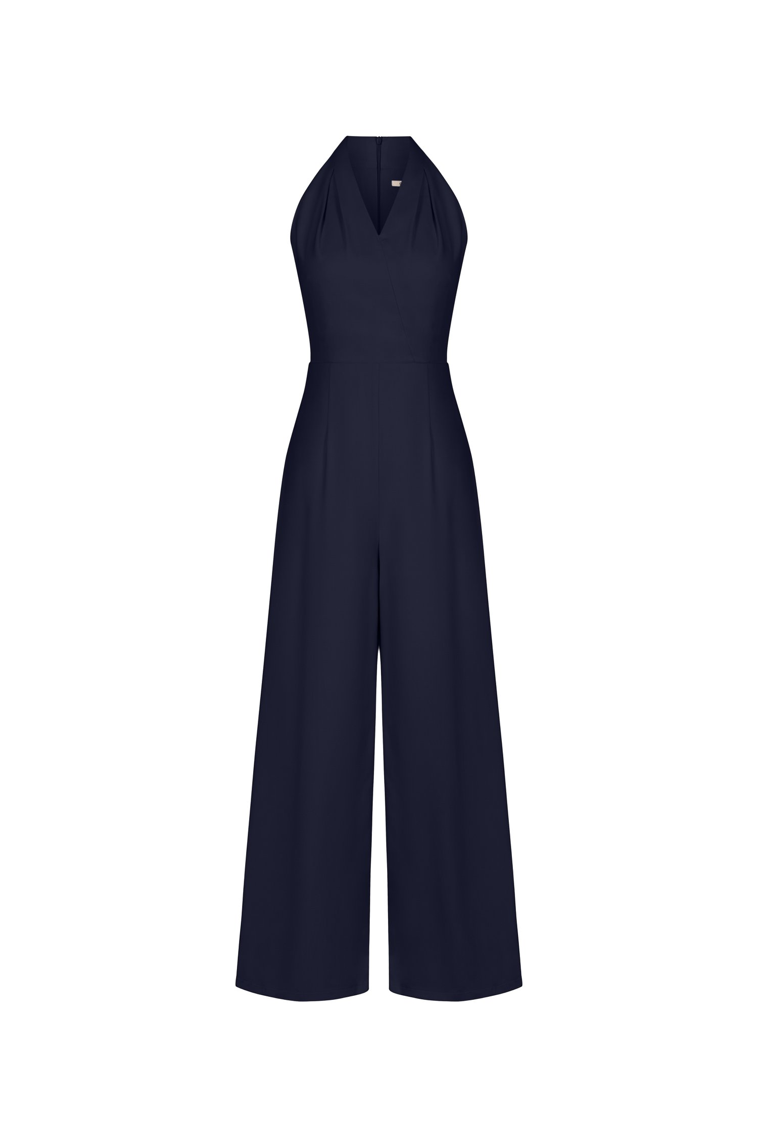 Juni Pleated V-Neck Jumpsuit with Sash Belt in Navy Blue