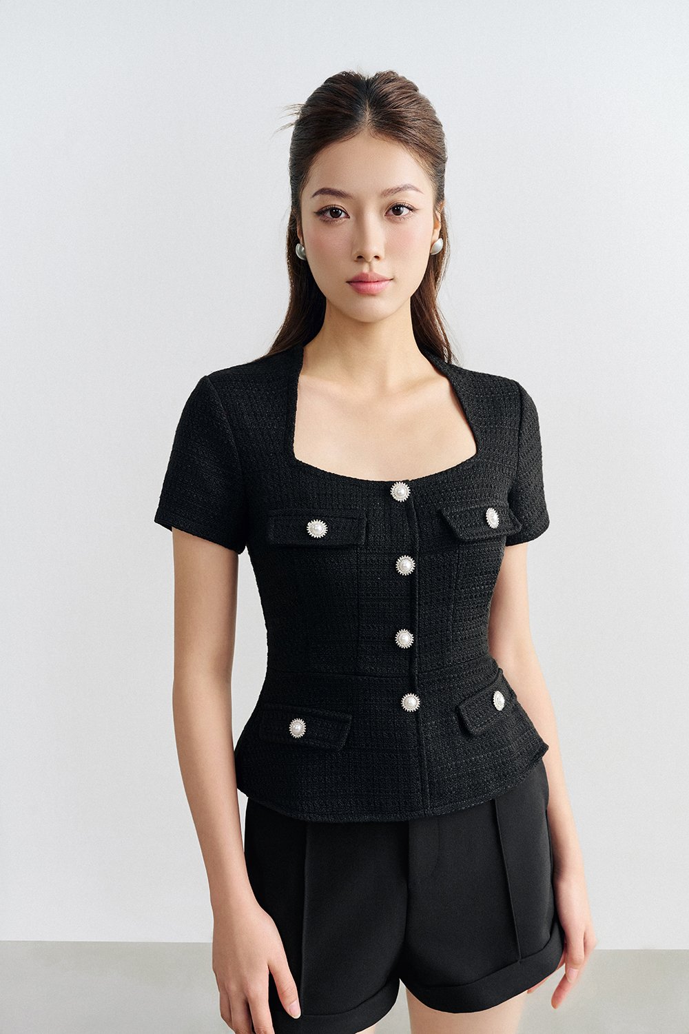 Valeria Peplum Tweed Top In Classic Black