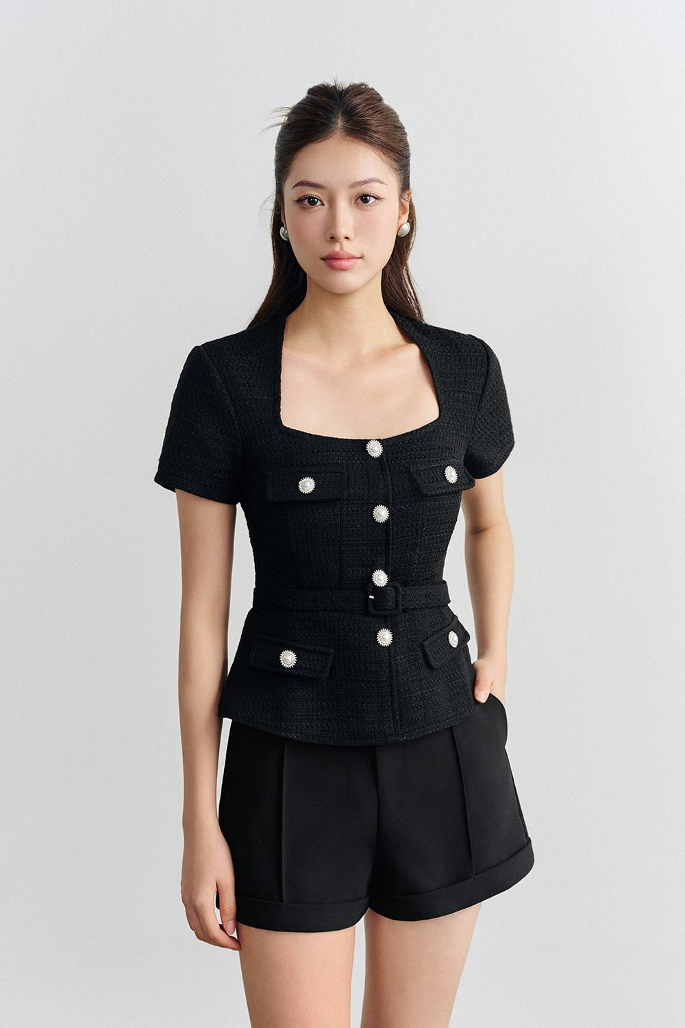 Valeria Peplum Tweed Top In Classic Black