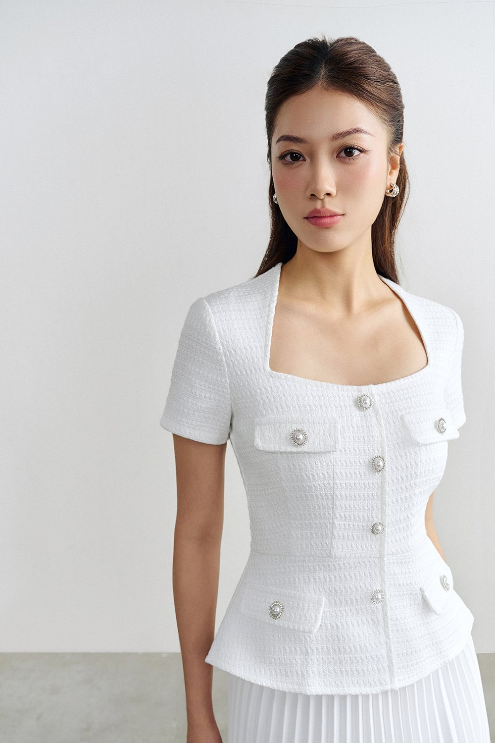 Valeria Peplum Tweed Top In Iconic White