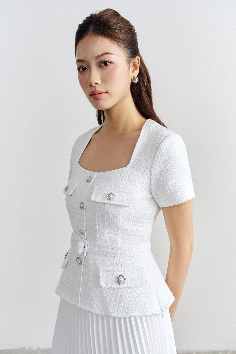 Valeria Peplum Tweed Top In Iconic White