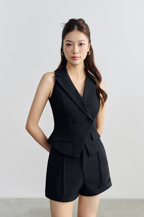 Edith Belted Tailored Vest Top In Classic Black