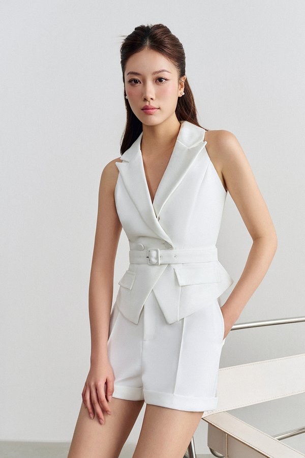 Edith Belted Tailored Vest Top In Iconic White