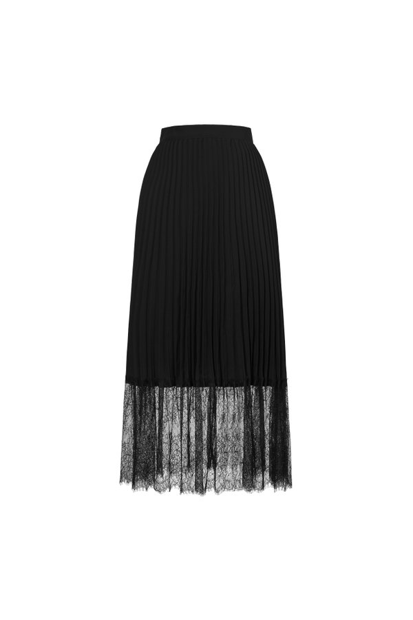 Elora Pleated Lace Panel Midi Skirt In Classic Black
