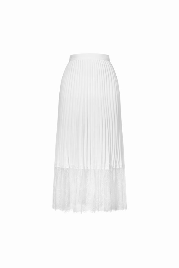 Elora Pleated Lace Panel Midi Skirt In Iconic White