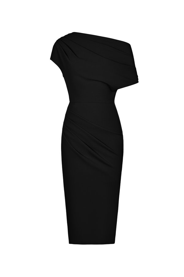 Galene Asymmetrical Draped Midi Dress in Classic Black
