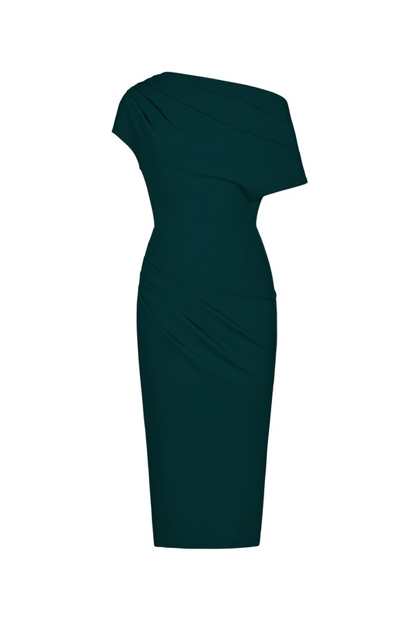 Galene Asymmetrical Draped Midi Dress in Forest Green