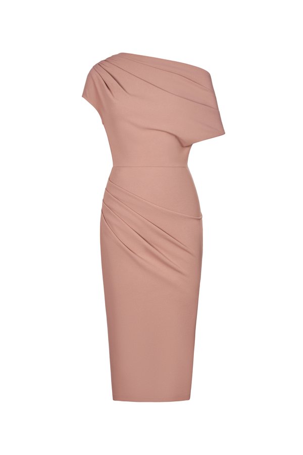 Galene Asymmetrical Draped Midi Dress in Nude Pink