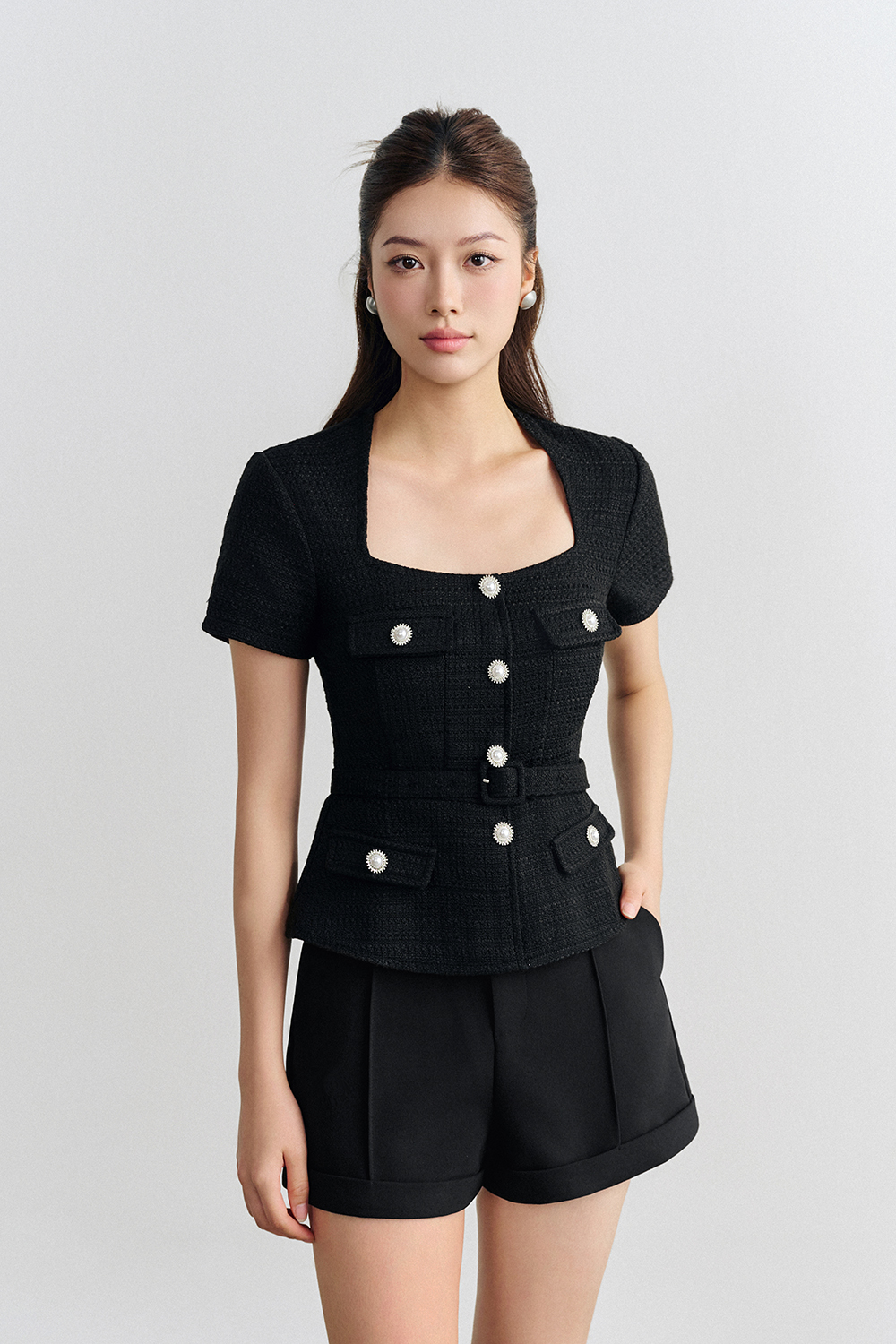 Valeria Peplum Tweed Top In Classic Black | Chello