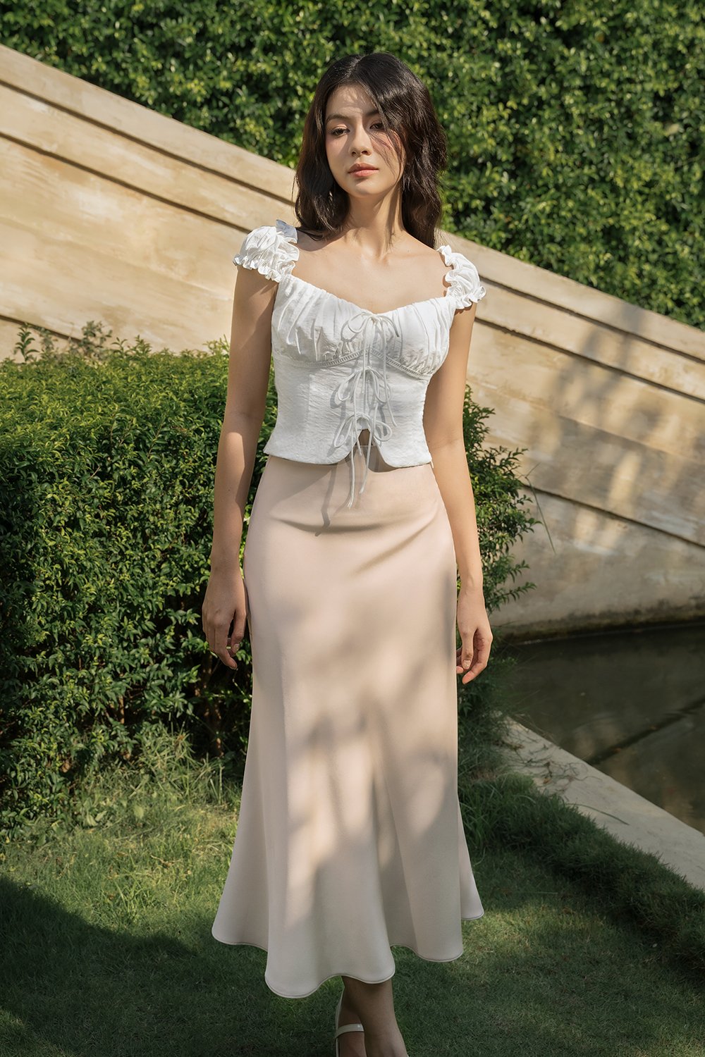 Rochelle Cap Sleeves Ruched Bust Top in Iconic White