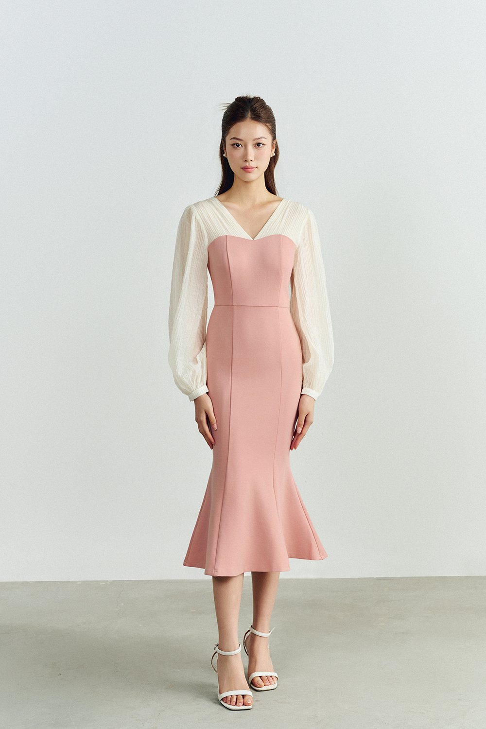 Diana Textured Sleeves Mermaid Ponte Dress in Rose Pink