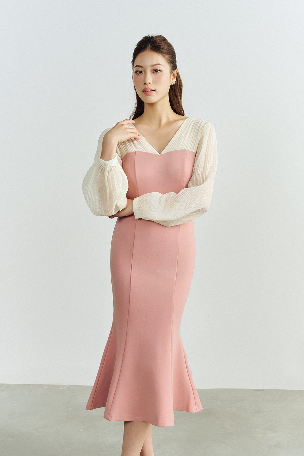 Diana Textured Sleeves Mermaid Ponte Dress in Rose Pink
