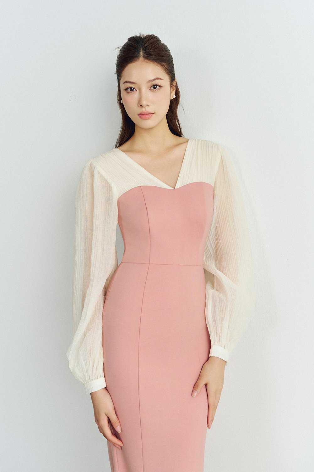 Diana Textured Sleeves Mermaid Ponte Dress in Rose Pink