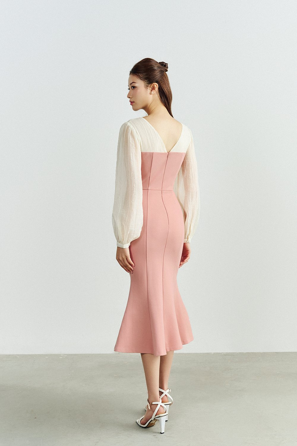 Diana Textured Sleeves Mermaid Ponte Dress in Rose Pink