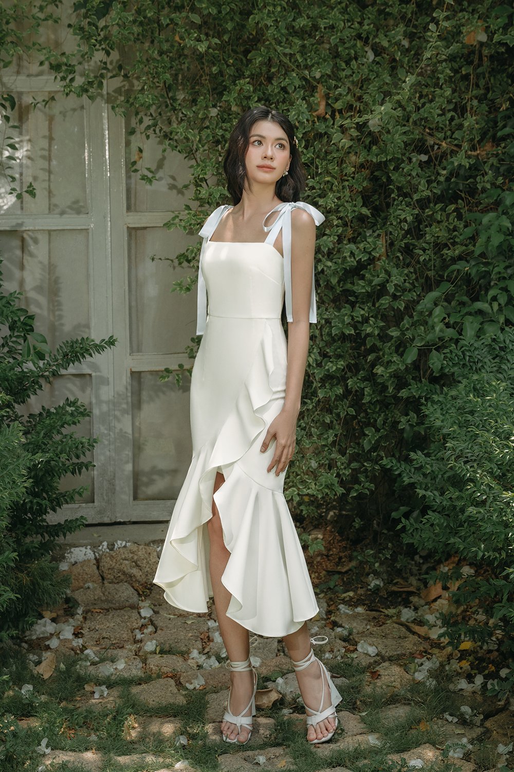 Everlee Movement Midi Mermaid Dress with Satin Ribbon Straps in Iconic White