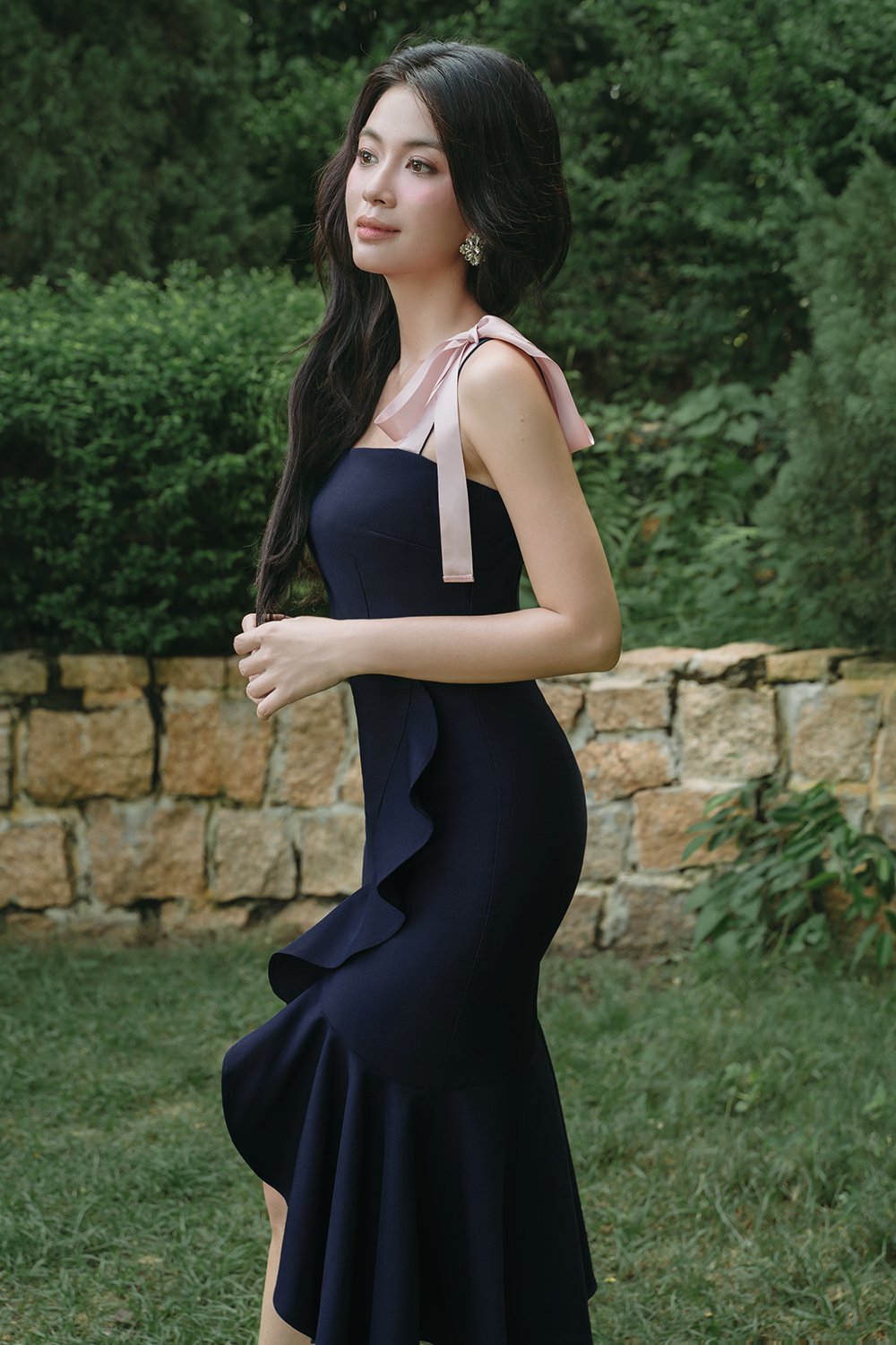 Everlee Movement Midi Mermaid Dress with Satin Ribbon Straps in